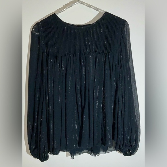 Unsubscribed black pintuck silk blouse with silver metallic accents - size 4/NWT - Picture 2 of 15